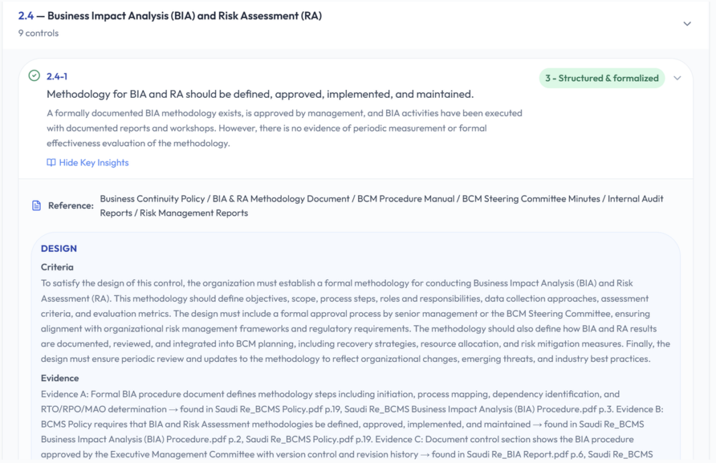 Detailed BCM control view with design assessment and evidence references