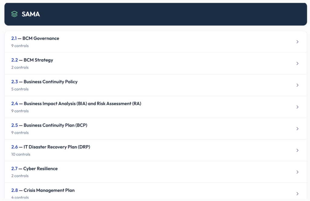SAMA BCM control domains from governance to crisis management