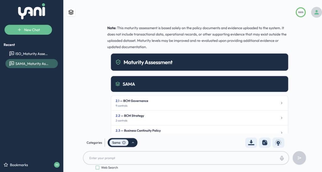 Yani BCM maturity assessment workspace with SAMA control categories