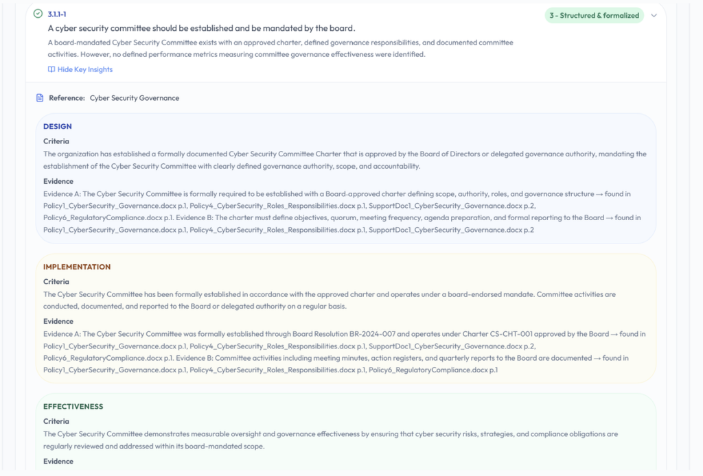 Detailed cyber security control with design, implementation, effectiveness and evidence references