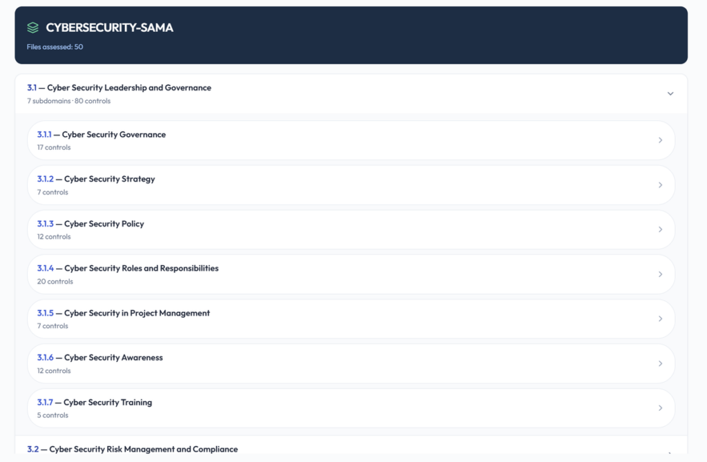 SAMA cyber security leadership and governance domain expanded into subdomains