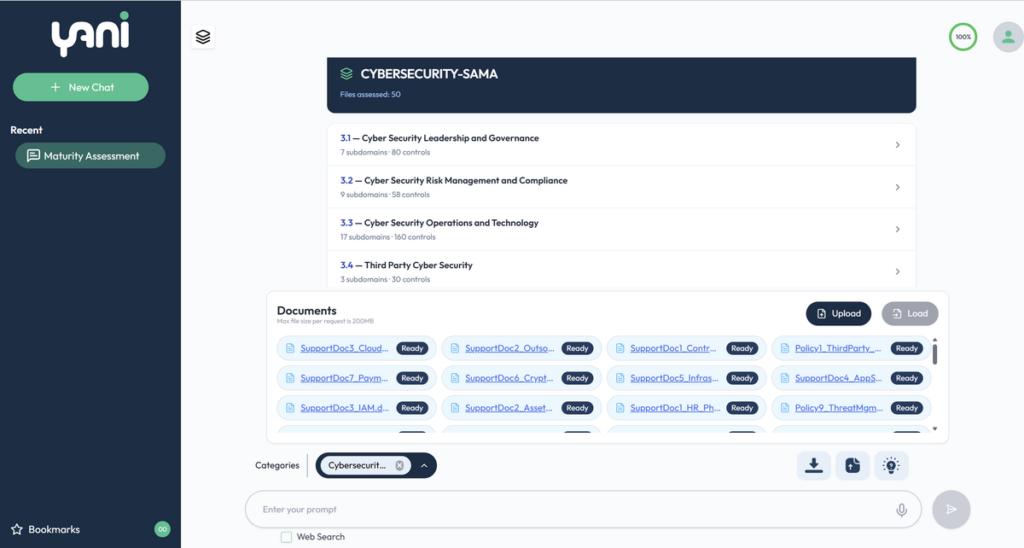 Yani cybersecurity maturity assessment workspace with SAMA domains and uploaded documents