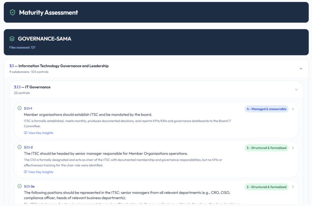 IT governance subdomain controls each scored with a maturity level