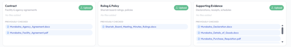 Shariah compliance upload panels for contracts, rulings and supporting evidence