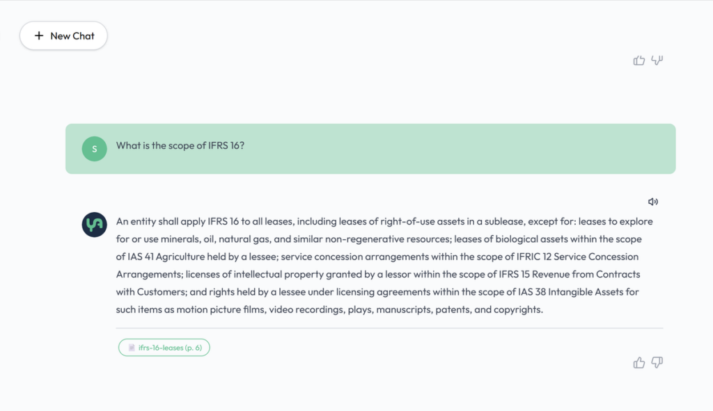AI Auditor answering an IFRS 16 policy question with a source citation