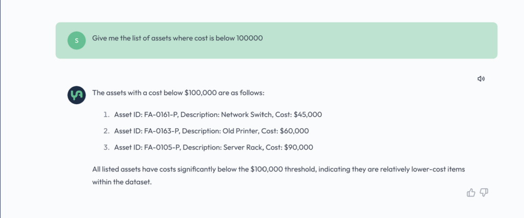 AI Auditor listing assets with cost below a threshold from the dataset
