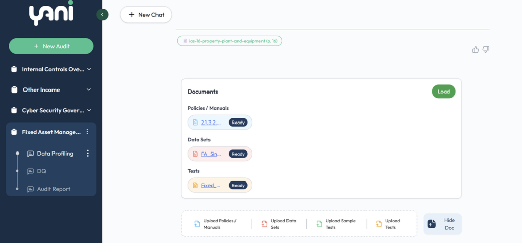 AI Auditor workspace with audit sidebar and a new audit